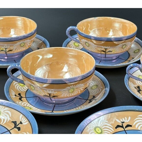 Vintage Japanese Lusterware 4 Teacups and 6 Saucers Set Iridescent Hand Painted - Picture 3 of 16